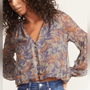 Veronica Beard Jayce Blouse 100% Silk Seafoam Multi Paisley Button Long Sleeve 4